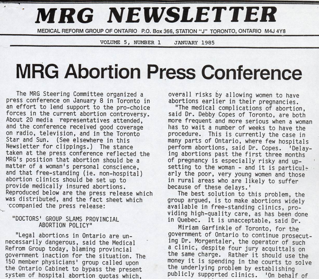 Medical Reform Group Newsletter, January 1985.