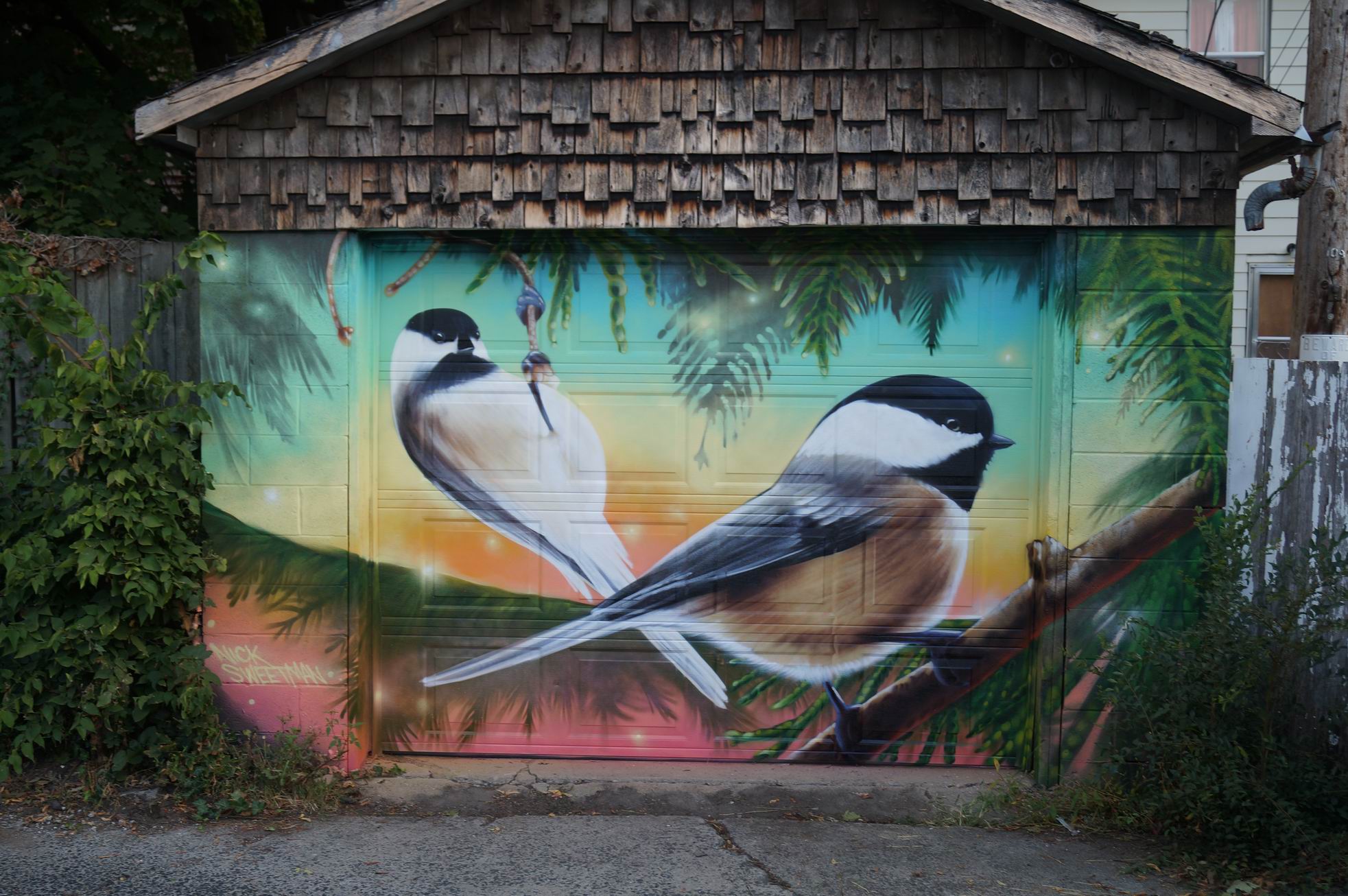 Garage Mural Chickadees - Miriam Garfinkle Lane